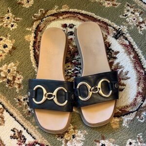 Black Slide Sandals with Gold Hardware